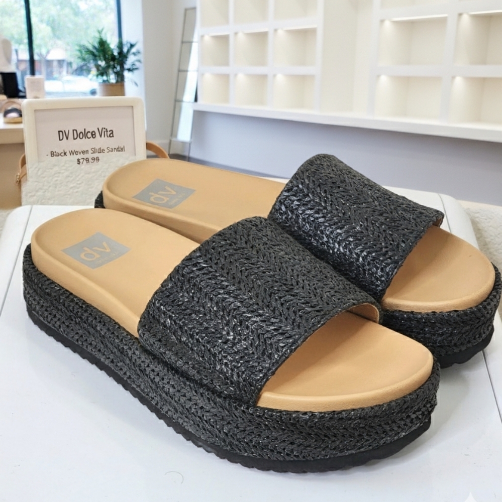 DV by Dolce Vita Women's Raffia Platform Black Woven Slide Sandals Size 8